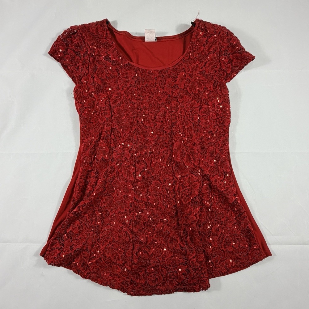 Blum Red Lace Sequin Top Medium Cap Sleeve Party Holiday Evening Blouse